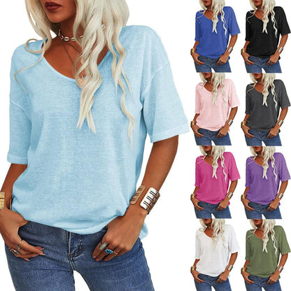 ✨👕Enfärgad V-ringad T-shirt för dam