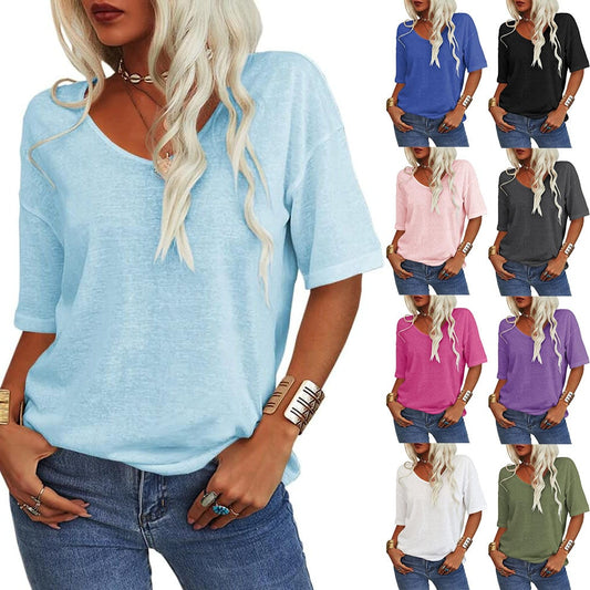 ✨👕Enfärgad V-ringad T-shirt för dam