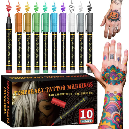 💥Set Temporära Tattoo-Pennor – 10-färgiga Kroppskonstpennor🌈