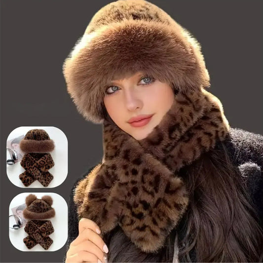 Leopard-Print Plush Hat & Scarf 2-Piece Set