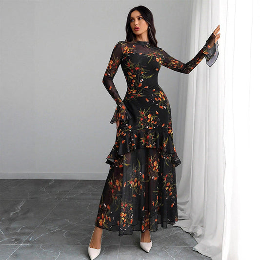 ✨2026 New Arrival 50%OFF🌸Floral Print Sheer Mesh Ruffle Hem Maxi Dress