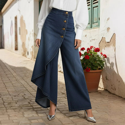Asymmetriska omlottjeans 👖 Kombinera culottes och byxor, hög midja för att förlänga benen, vida och böljande, med diagonalt placerade knappar – förvandla dig omedelbart till en fashionista! ✨