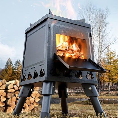 🔥Bärbar raketskakelugn i järn | 16 ventilationshål för effektiv förbränning | Utomhusvedugn | Vikbar campingkokare