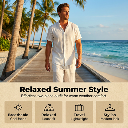 👔 BEGRÄNSAD TID – 50 % RABATT! ✨ Herr texturerat set – skjorta & matchande byxor, andningsbart tyg & perfekt för jobb, fest & resa 💼