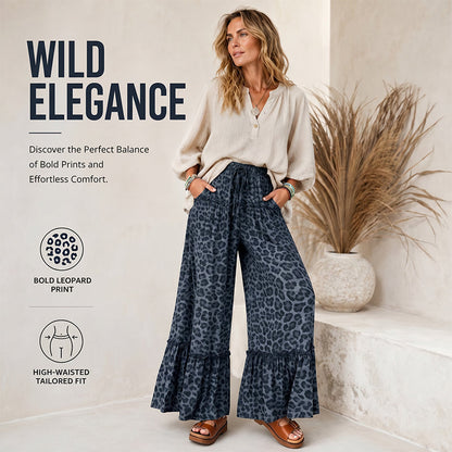 👖【Begränsat antal – 50 % rabatt + fri frakt】👄Dambyxor med leopardmönster, volangkant och vida ben