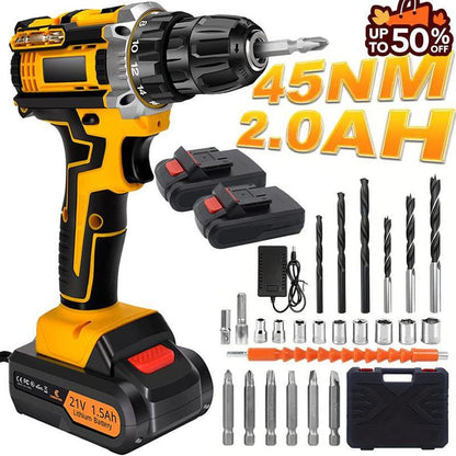 🔥 50% RABATT på utvalda produkter🎉Sladdlös skruvdragare 21V, batteriborrset, sladdlös borrmaskin med 45Nm vridmoment, 25 + 3 momentinställningar, 2 hastigheter, 2 batterier, LED-ljus, 10 mm borrchuck, gör-det-själv borr för hemmet