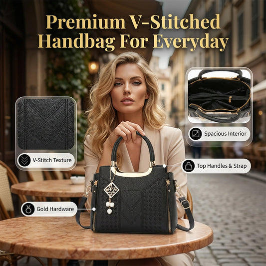 👜Begränsad upplaga- 50% RABATT NU! ✨ Dam Handväska med Topphandtag – V-sömnad, Guldbeslag & Flera Fack – Elegant & Rymlig för Arbete, Shopping eller Utekväll 💼