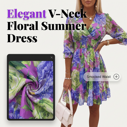 🌸 50 % RABATT NU! 🌸A-linjeformad klänning för damer med blommönster, V-ringning och volangkant