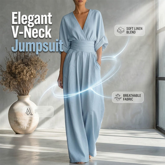 👗Jumpsuit för damer med V-ringning, hög midja och vida ben