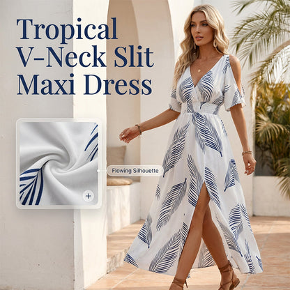 💃 Cold shoulder tropisk maxiklänning – hög slits, bara axlar & flödande siluett, perfekt för fest, bröllop & strandsemester 🌴