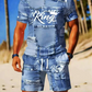 😍Herr Casual Fejk Denim Print T-shirt & Shorts Set