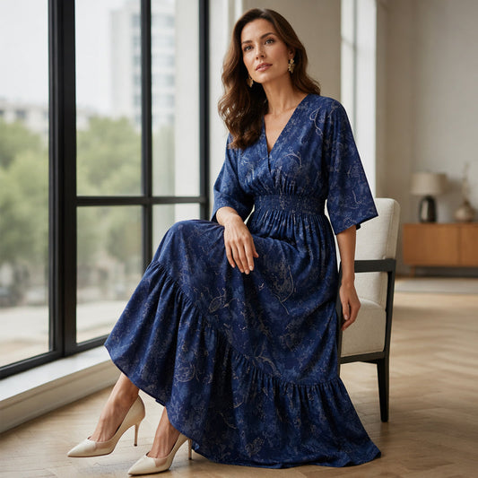 👗Elegant klänning med V-ringning och mönster för damer