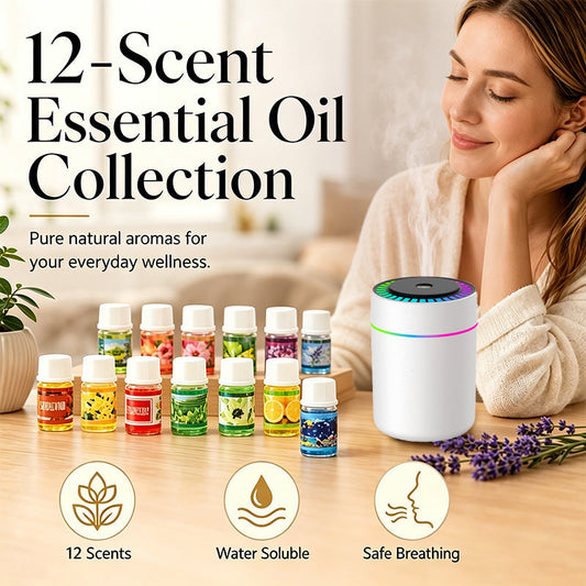 🌸 50 % RABATT NU! 🕯️ 12-pack vattenlösliga eteriska oljor – en doft för varje stämning – perfekt för diffusorer och avkoppling ✨