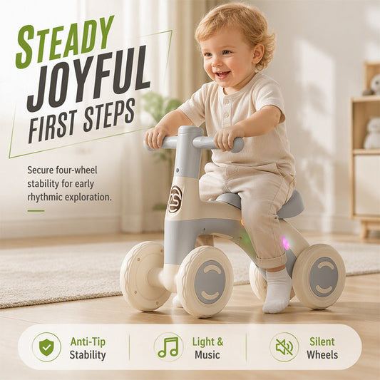 【🎉 Sista chansen – priset höjs snart】 🚲 Balanscykel för småbarn med musik & lampor – 4-hjulsstabilitet, LED-kul – Den perfekta första cykeln för toddlers! ✨
