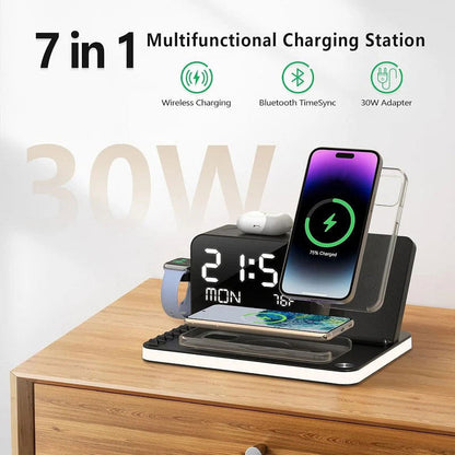 🎊🎶7-i-1 Trådlös Laddningsstation – Qi-laddning för Telefon, Klocka & Hörlurar i Ett