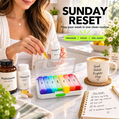 💊 50 % RABATT NU! 🌈 7-dagars avtagbar pillerorganisatör – färgkodning, dubbelt lås & rymliga fack ✨