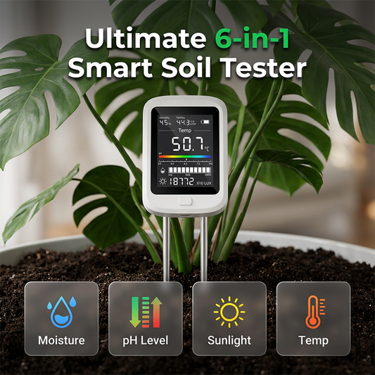 🌱6-i-1 Digital Jordmätare – Smart Jordtestare för Fukt, pH, Temperatur, Ljus & Bördighet med LCD-skärm