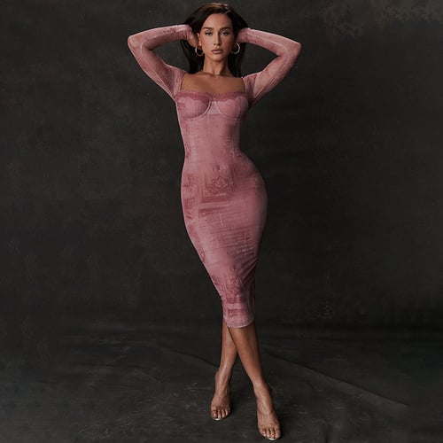 Pink Fitted Long-sleeve Dress